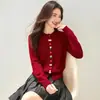 Suéter Vermelho de Ano Novo 2025 Primavera e Outono Novo Suéter Feminino Estilo Ocidental Ano do Zodíaco Cardigã Pequeno de Lã Tricotado