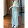 Jeans largo azul claro bordado com cachorrinho para mulheres, estilo novo da moda para primavera e outono, solto, com caimento, calças retas compridas
