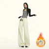 Jeans Liso de Inverno Espesso com Forro de Lã, Cor Damasco, Versátil, Solto, Perna Larga, Cintura Alta, Emagrecedor, Comprimento Total, para Mulheres