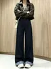 Jeans de retazos a cuadros color block estilo retro americano para mujer, nuevo estilo de otoño, corte holgado, adelgazantes y con un diseño de pierna ancha y fluido