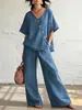 Conjunto de Dos Piezas de Color Sólido Europeo y Americano para Mujer Otoño Holgado Cuello Redondo Manga Larga Pantalones Largos de Pierna Ancha de Cintura Alta