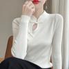 Suéter de Punto con Cuello Vertical Hebilla Hueca Manga Larga Otoño e Invierno Nuevo Estilo Nacional Nuevo Estilo Chino Jersey Top Interior para Mujer