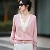 Novo Cardigã de Lã Fina com Gola V e Blocos de Cor Outono/Inverno para Mulheres, Casaco Suéter Falso de Duas Peças com Manga Longa, Blusa Solta
