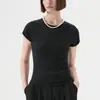Canvaus Verão Novo Manga Curta Feminino Jacquard Slim Fit Gola Redonda Manga Sino Cor Sólida Crepe Top Tendência