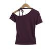 25010-25 Primavera Nuevo Estilo Estilo Retro Americano Sexy Hombro Caído Cuello Plisado Delgado Manga Corta Camiseta Base Camiseta