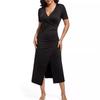 Vestido de Punto Casual de Exportación Europeo y Americano para Mujer, de Longitud Media, Cuello Cruzado, Abertura en el Dobladillo, Plisado