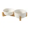 Cuenco de Cerámica Blanca Esmaltada Simple con Forma de Pata de Gato con Base de Bambú, Cuenco Antiderrames para Mascotas, Cuenco para Gatos, Cuenco para Perros, Bebedero para Gatos