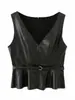 Moda Europea y Americana Transfronteriza Ins Influencer Popular Tendencia Casual Efecto Piel Sintética Cuello en V Sin Mangas Cinturón Top