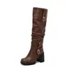 Botas de Couro Femininas Outono/Inverno 35-44 Bico Redondo Salto Médio Cano Alto, Cor Sólida Salto Médio Solado Grosso Antiderrapante Calce Fácil Salto Quadrado Botas de Equitação