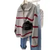 Suéter de punto 100% lana pura con cuello tipo polo, medio cierre, rayas de color contrastante, sudadera casual para mujer, estilo nuevo