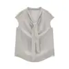 Love and Nancy Treze Linhas Verão 2026 Estilo Coreano Elegante Blusa de Tencel Linho com Gola Drapeada Fita Manga Curta para Mulheres 04516