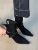 Botines elegantes de tacón alto con cremallera trasera para mujer, gamuza con hebilla, punta fina, botines cortos elegantes, estilo vintage con tacón delgado