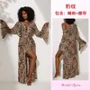 Conjunto de Pijama de Malla Transparente con Estampado de Leopardo OZON Correa de Encaje Falda Corta Manga de Campana Bata Larga Ropa de Casa 1272