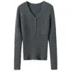 Estilo Coreano Adelgazante Otoño/Invierno Nuevo Cachemir para Mujer Gris Cuello en V Manga Larga Tejido Capa Base Top Corto