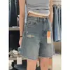 Shorts de Mezclilla Azules Rasgados para Mujer, Estilo Delgado de Verano, Tallas Grandes, Cintura Alta, Adelgazantes, Cuerpo Forma de Pera, Shorts de Cinco Puntos Pierna Ancha de Longitud Media