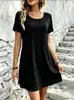 Vestido corto de manga corta para mujer, color liso, corte holgado, cuello redondo, línea A, corto, hecho a medida según dibujos y muestras de comercio exterior