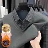 Camiseta Falsa de Dos Piezas para Hombre, Camisa con Cuello Forrada de Polar para Otoño e Invierno, Diseño de Bloques de Color, Suéter de Punto Engrosado y Cálido para Hombre
