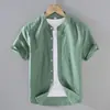 9048 Camisa de Lino de Manga Corta de Verano para Hombre Camisa Casual de Algodón y Lino con Cuello Cuadrado para Hombre Top de Lino de Color Sólido de Media Manga