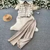 Conjunto casual de punto a rayas para mujer, cárdigan de manga larga de otoño con pantalones de pierna ancha de cintura alta, suéter adelgazante de dos piezas