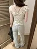 Camiseta de manga corta con lunares, estilo puramente deseable, para mujer, con copas incorporadas, sin tirantes, efecto dos piezas, hombros descubiertos, un solo hombro, top con espalda bonita para mujer