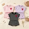Nueva ropa para niñas de comercio exterior transfronterizo: conjunto de camiseta de rayas con top de lazo y shorts, conjunto sencillo de dos piezas de manga corta para niños