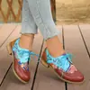 Zapatos Brogue Vintage de Estilo Étnico para Mujer con Bloques de Color, Punta Redonda, Tacón Bajo Grueso, Cierre de Cordones Frontal, Zapatos Casuales