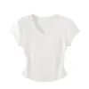 Camiseta de Manga Corta con Cuello en V 8302 para Mujer, Nuevo Estilo de Verano, Corte Ajustado, Versátil, Ceñida a la Cintura, Adelgazante, Sensación de Alta Calidad, Diseño de Nicho