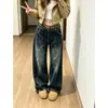 Jeans de moda retro con patchwork de estampado de leopardo, doble cintura con tachuelas, corte recto holgado, pantalones de pierna ancha adelgazantes hasta el suelo