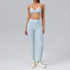 Conjunto de yoga ecológico de poliéster reciclado com elastano, gola halter para mulheres, leggings de cintura alta com patchwork de comprimento total, conjunto esportivo de ginástica de duas peças