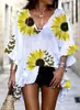 E-commerce Transfronteiriço Amazon Camiseta Feminina V-neck com Punho de Renda Estampado Girassol Borboleta