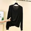 Camiseta de Manga Larga de Modal para Mujer Primavera y Verano Talla Grande Cuello en V Adelgazante Versátil Camiseta Básica Estilo Coreano Holgada Delgada