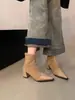 Botines de Punta Estrecha de Diseño de Nicho para Mujer 2026 Moda Otoño Invierno Nuevo Botines Individuales Patchwork Gamuza Tacón Grueso Elásticos Adelgazantes