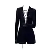 Mono de Moda Primavera y Otoño 2025 para Mujer, Manga Larga, Estilo Chica Atrevida, Pantalones Cortos, Mono Negro Estilo Hepburn con Ceñidor en la Cintura, Forrado de Felpa
