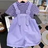Conjunto de Dos Piezas para Niñas 2026 Verano Nueva Moda Elegante Overol para Niños Pequeños con Chaleco Rayado sin Mangas