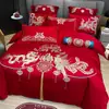 Juego de Cuatro Piezas para Boda de Dragón Rojo y Fénix Bordado de Algodón Habitación de Boda Ropa de Cama de Boda Colcha Festiva Sábanas