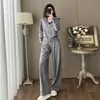 Conjunto casual de moda estilo coreano para otoño, con cuello alto, suéter de punto con doble cremallera y pantalón casual, conjunto de dos piezas
