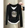 Camiseta de Manga Larga de Algodón Puro con Cuello en V Falsa de Dos Piezas Diseño Femenino Moda Versátil Adelgazante Gris Oscuro Top Capa Base Otoño