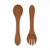 Tenedor y Cuchara de Silicona con Mango Largo Herramienta de Entrenamiento para Comer Bebé Alimentación Cuchara y Tenedor de Silicona Suave para Bebé Set de Suplemento Alimenticio