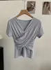 Camiseta Básica de Manga Corta Ajustada con Pliegues y Cuello en V Cruzado Omalai para Mujer, Nueva Colección Primavera/Verano 6826