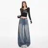 Jeans feminino retrô americano transfronteiriço 2026, novo tie-dye lavado, calça de perna larga solta reta de comprimento total para garota popular