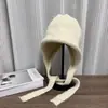 Gorro de punto cálido para mujer, color liso, con cordones, otoño e invierno, gorro de punto simple y versátil, gorro de lana a prueba de frío y protector de orejas