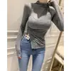Camiseta Feminina Moda Outono e Inverno Dongdaemun Coreana com Gola Meia-Alta Franzida Slim Fit Manga Longa, Top Camada Base Justo