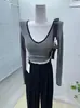 Ins Internet Popular Estilo Extranjero Color de Contraste Cuello en V Ajustado Sexy Manga Larga Camiseta Mujer Corta Ajustada Camisa Base Interior Top Delgado