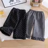Pantalones de Otoño e Invierno para Niñas Estilo Nuevo Bebé Niña Encaje Forro Polar Engrosado Casual Versátil Rectos Lunares Pierna Ancha