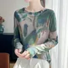 Camiseta Delgada de Manga Larga para Mujer de Principios de Otoño, Modelo Nuevo 26, Cuello Redondo, Estampada, Adelgazante, Top Versátil, Suéter Base de Punto Fino