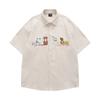 Camisa de Veludo Cotelê de Manga Curta Bordada com Gato Retrô Estilo Americano para Homens e Mulheres Verão Solta Estilo Casual de Casal Estilo Hong Kong