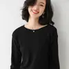 Primavera Nuevo Estilo Tejido de Punto de Cuello Redondo Rizado Camiseta de Fondo de Manga Larga para Mujer Estilo Coreano Holgado Talla Grande Tejido de Punto de Cuello Bajo