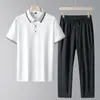 Conjunto Masculino de Verão Novo Estilo para Meia-Idade e Idosos: Camisa Polo de Seda Gelada, Calça Longa de Seda Gelada de Nylon de Manga Curta, Calça de Corte Reto, Conjunto de Roupa para Pai