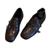 Estilo Británico Brogue Piel Negra Hebilla Retro Zapatos Pequeños de Piel para Mujer Planos Slip-On Mocasines