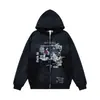 Sudadera con capucha estilo americano streetwear, lavada, desgastada, rota, estampada directamente, para hombre y mujer, holgada, casual, versátil, con cremallera
